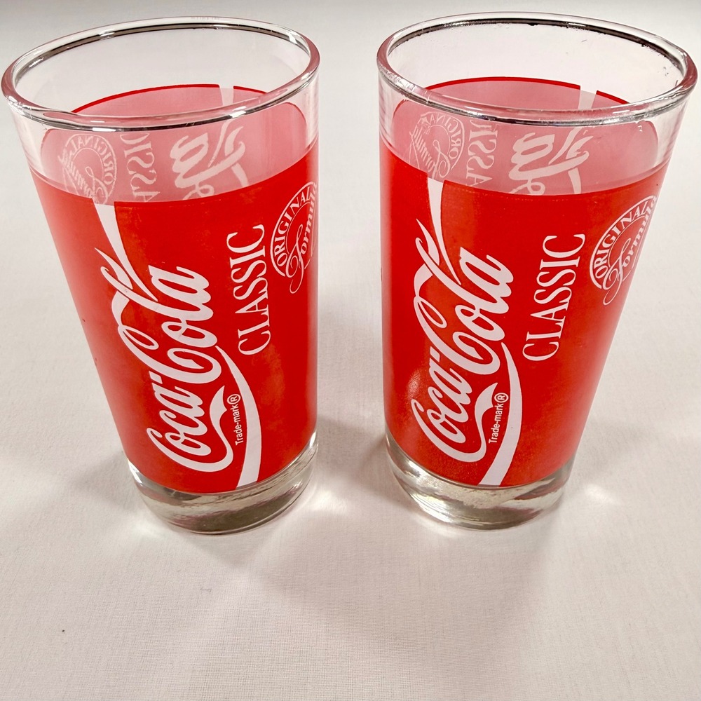 Vintage 1980s Coca Cola Classic Glasses Set of 2 Red White Soda Drinking Cups